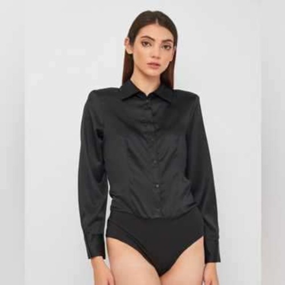 ZARA Bodysuit Black Long Sleeve Button Down Satin Effect Blouse Shoulder Pads M